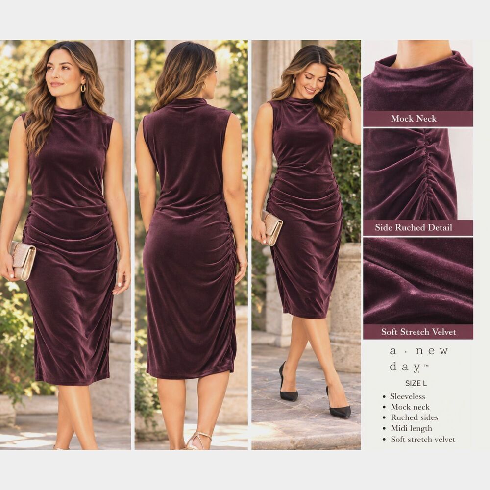 A New Day Women L Midi Dress Plum Velvet Sleeveless Romantic Elegant Holiday